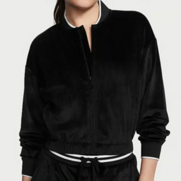 VICTORIA'S SECRET Black/White Velour Velvet Ribbed Bomber Jacket SZ XL**NEW! - Picture 1 of 7